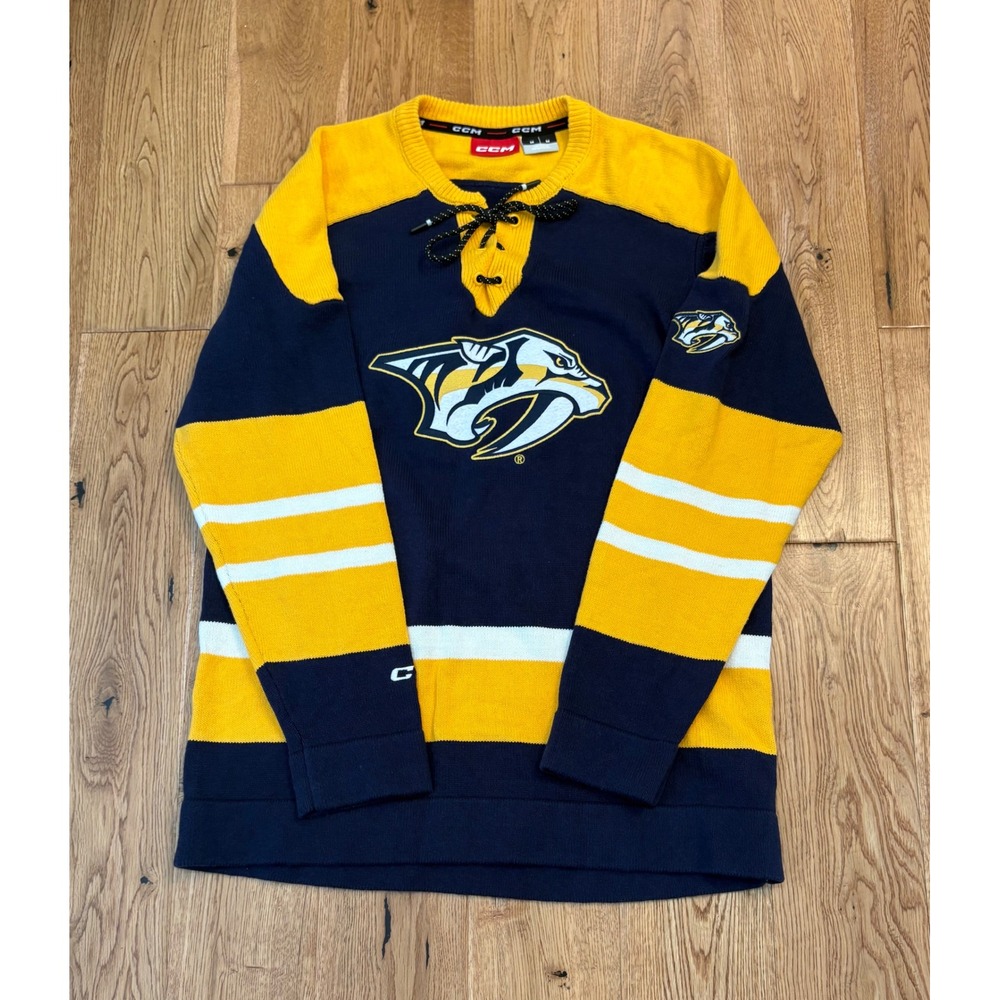 CCM Nashville Predators Lace Up Hockey Jersey Sweater Navy Gold Mens Medium